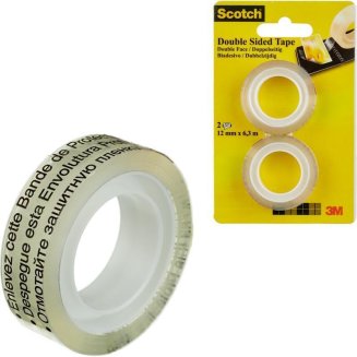 Клейкая лента канцелярская Scotch двухсторонняя прозрачная 12 мм x 6.3 м (2 штуки в упаковке)